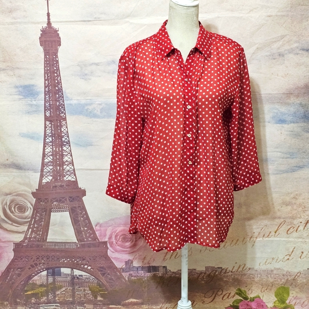 Chico's Red and White Polka Dot Button Down Shirt Sz 2